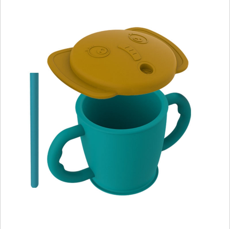 食品級硅膠水杯卡通杯兒童雙耳學飲杯