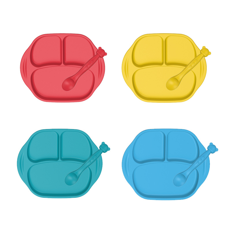 兒童硅膠餐盤套裝分格卡通猴子寶寶輔食碗勺子嬰兒硅膠餐盤